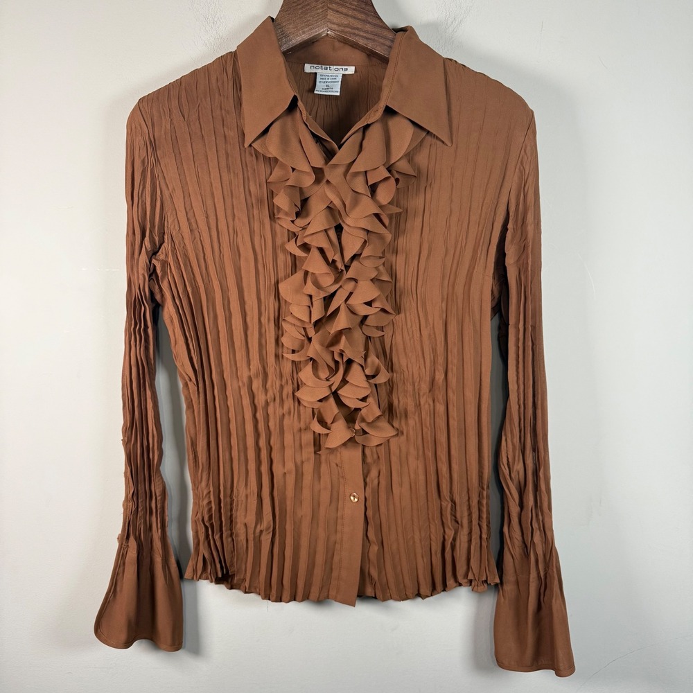 Notations Brown Ruffled Front Jabot Poet Crinkle Button Down Shirt Career Office